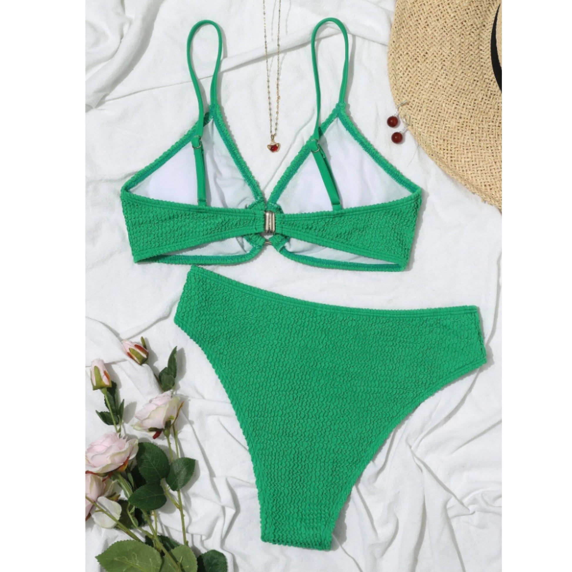 SHEIN Shein Womens Swimwear L / Green SHEIN - O-Ring Detail Textured Bikini Set