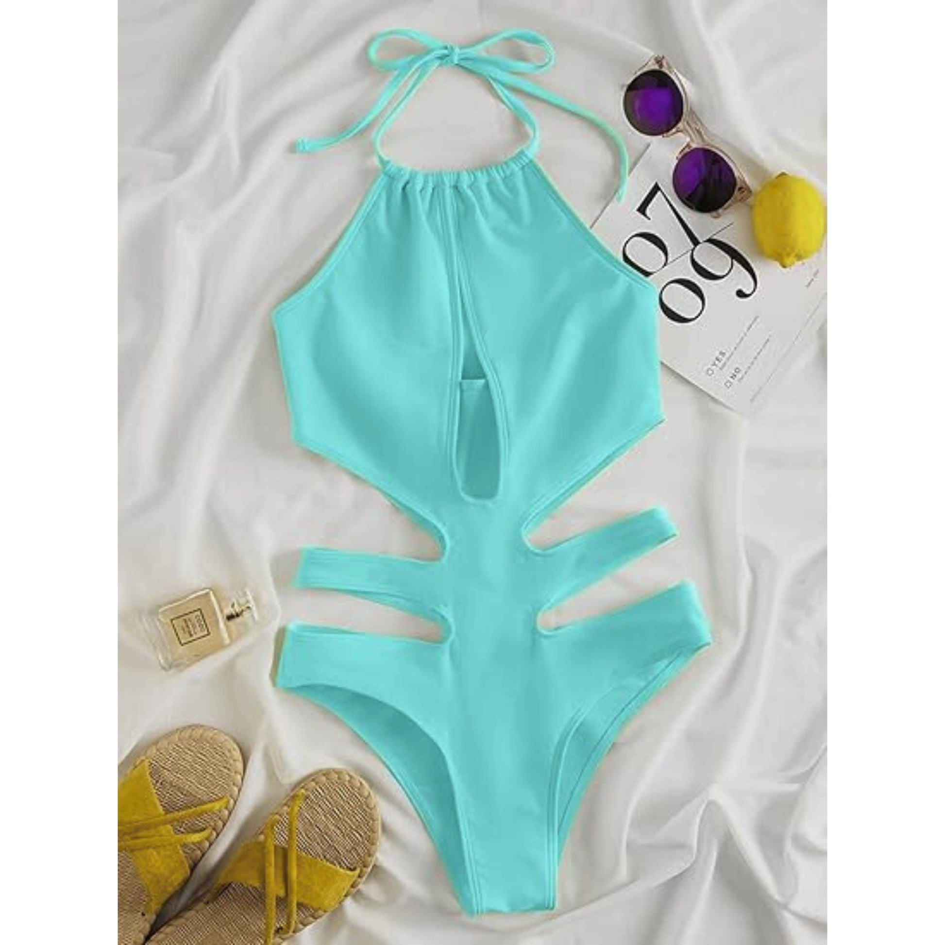 SHEIN Shein Womens Swimwear M / Blue SHEIN - One Piece Cut Out Swimsuit Halter Tie