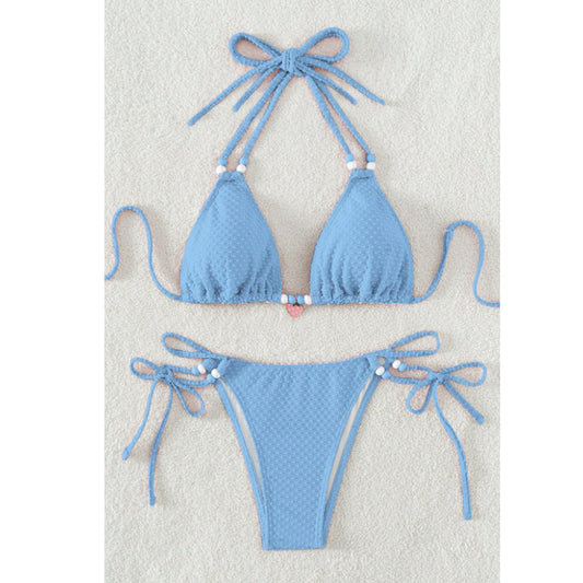 SHEIN Shein Womens Swimwear S / Blue SHEIN - Pearl Lace up Bikini Triangle Beach Wear