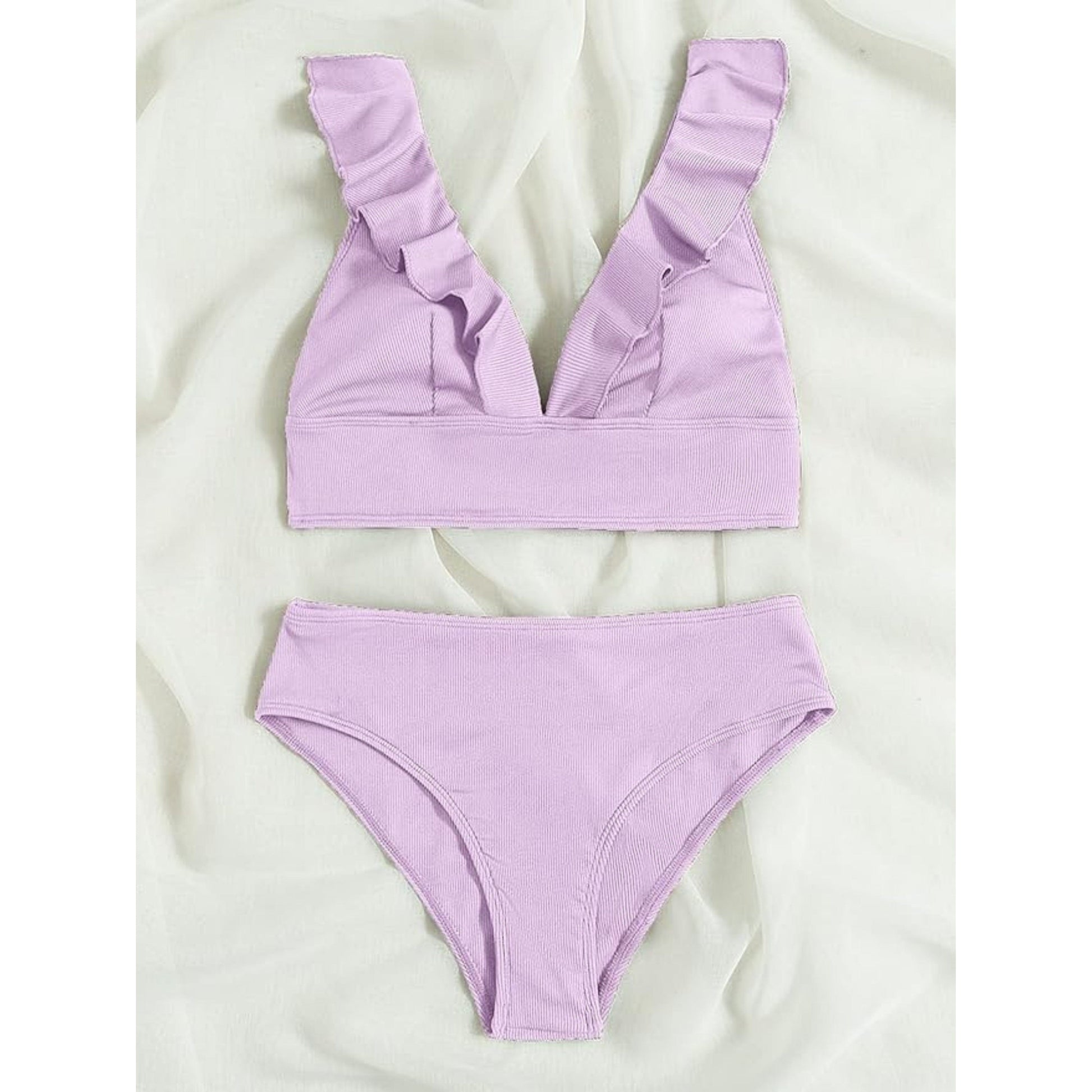 SHEIN Shein Womens Swimwear L / Purple SHEIN - Rib Ruffle Trim Bikini