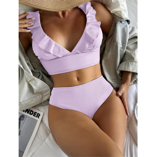 SHEIN Shein Womens Swimwear L / Purple SHEIN - Rib Ruffle Trim Bikini