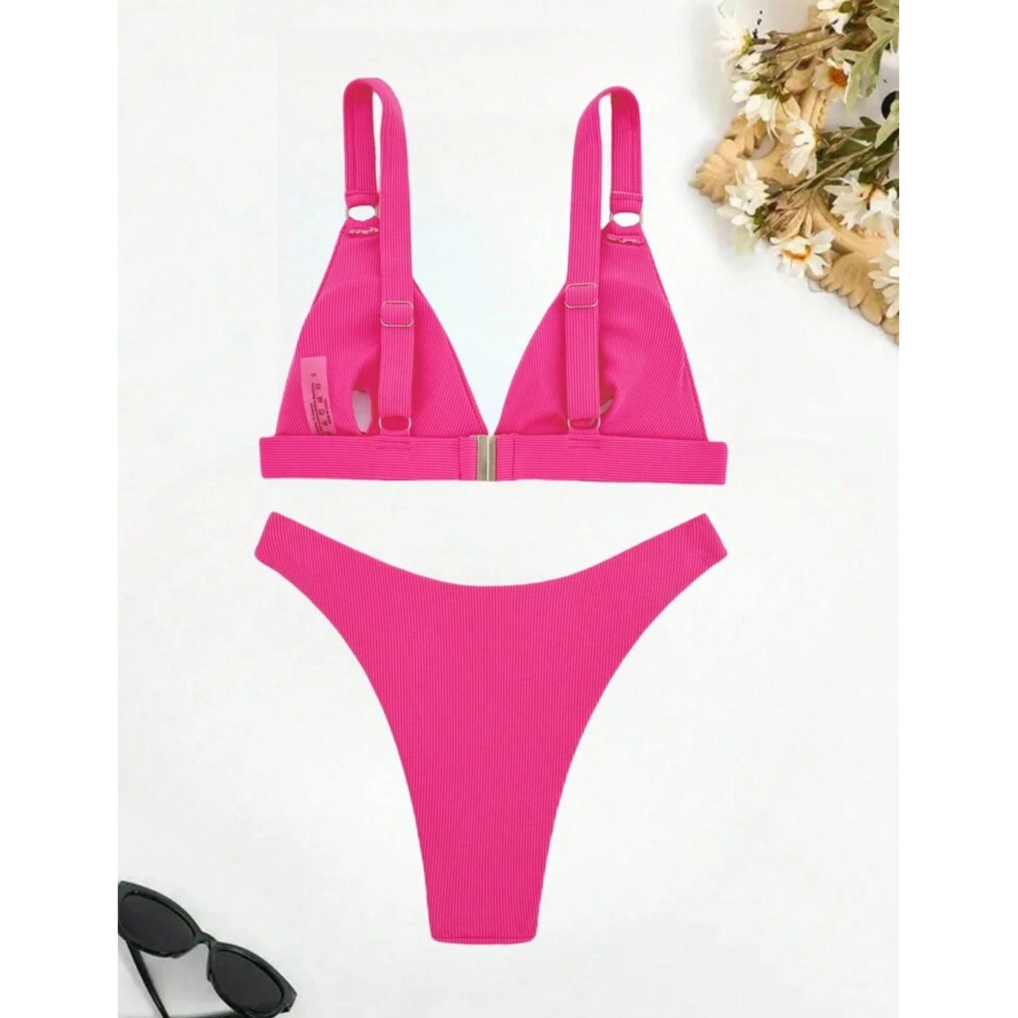 SHEIN Shein Womens Swimwear S / Pink SHEIN -  Ribbed Bikini Set Ring Linked