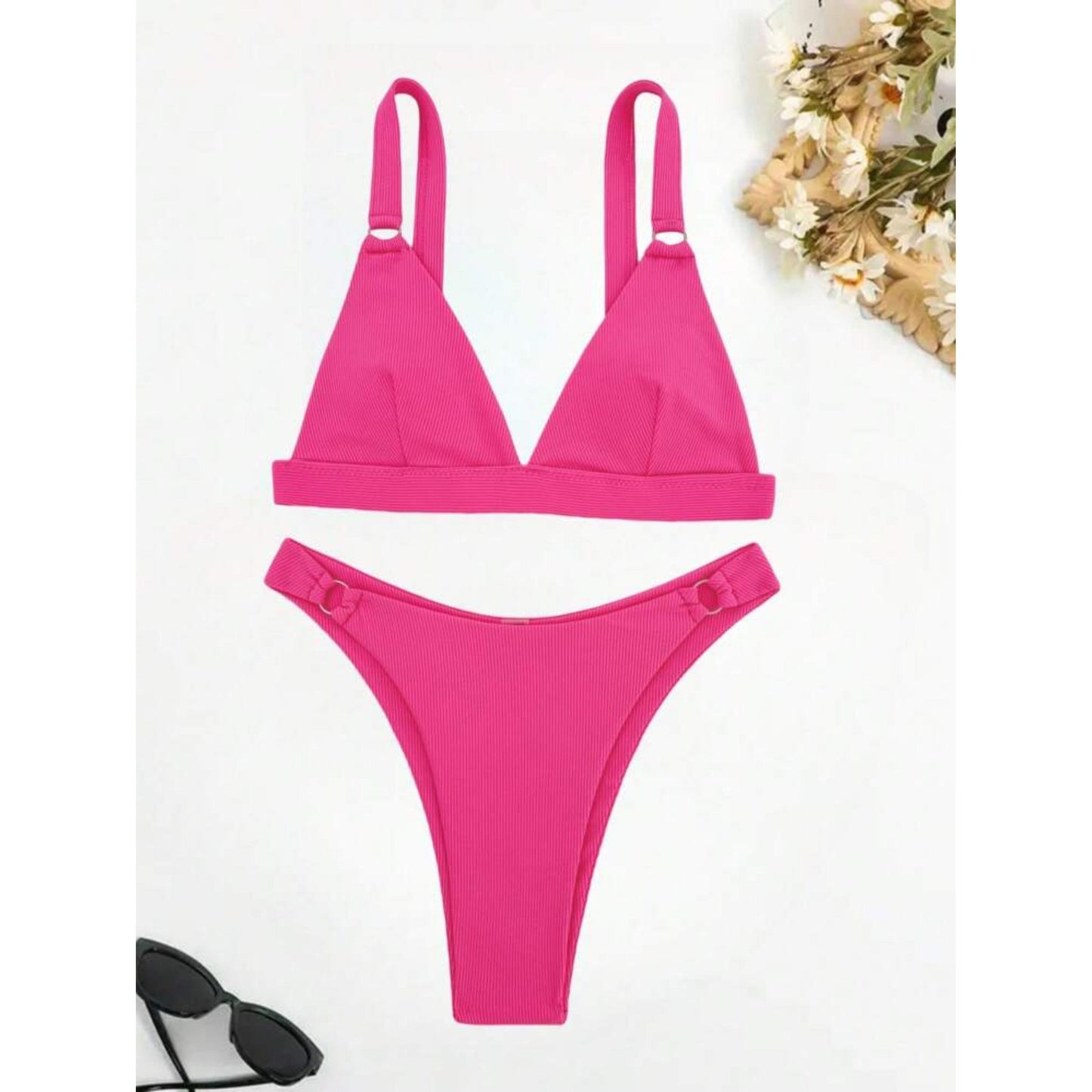 SHEIN Shein Womens Swimwear S / Pink SHEIN -  Ribbed Bikini Set Ring Linked