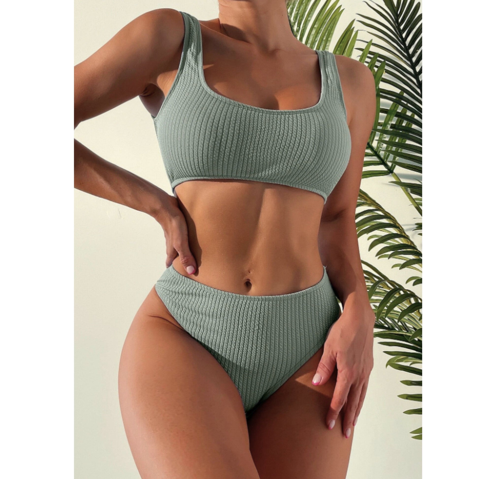 SHEIN Shein Womens Swimwear L / Green SHEIN - Ribbed Bikini Set Tank Top & Bikini Bottom