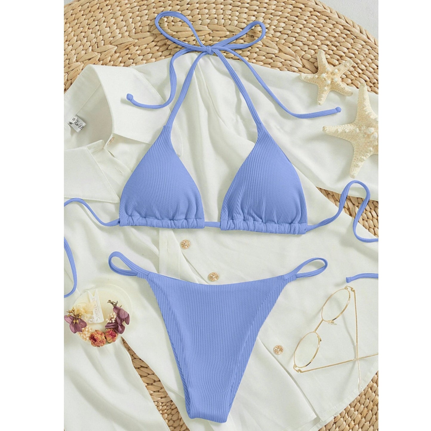 SHEIN Shein Womens Swimwear XS / Blue SHEIN - Ribbed Bikini Set Tie Back Halter Triangle Bra & Thong