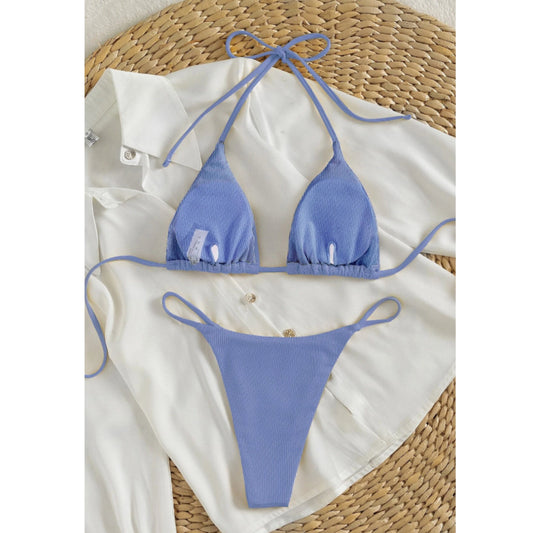 SHEIN Shein Womens Swimwear XS / Blue SHEIN - Ribbed Bikini Set Tie Back Halter Triangle Bra & Thong