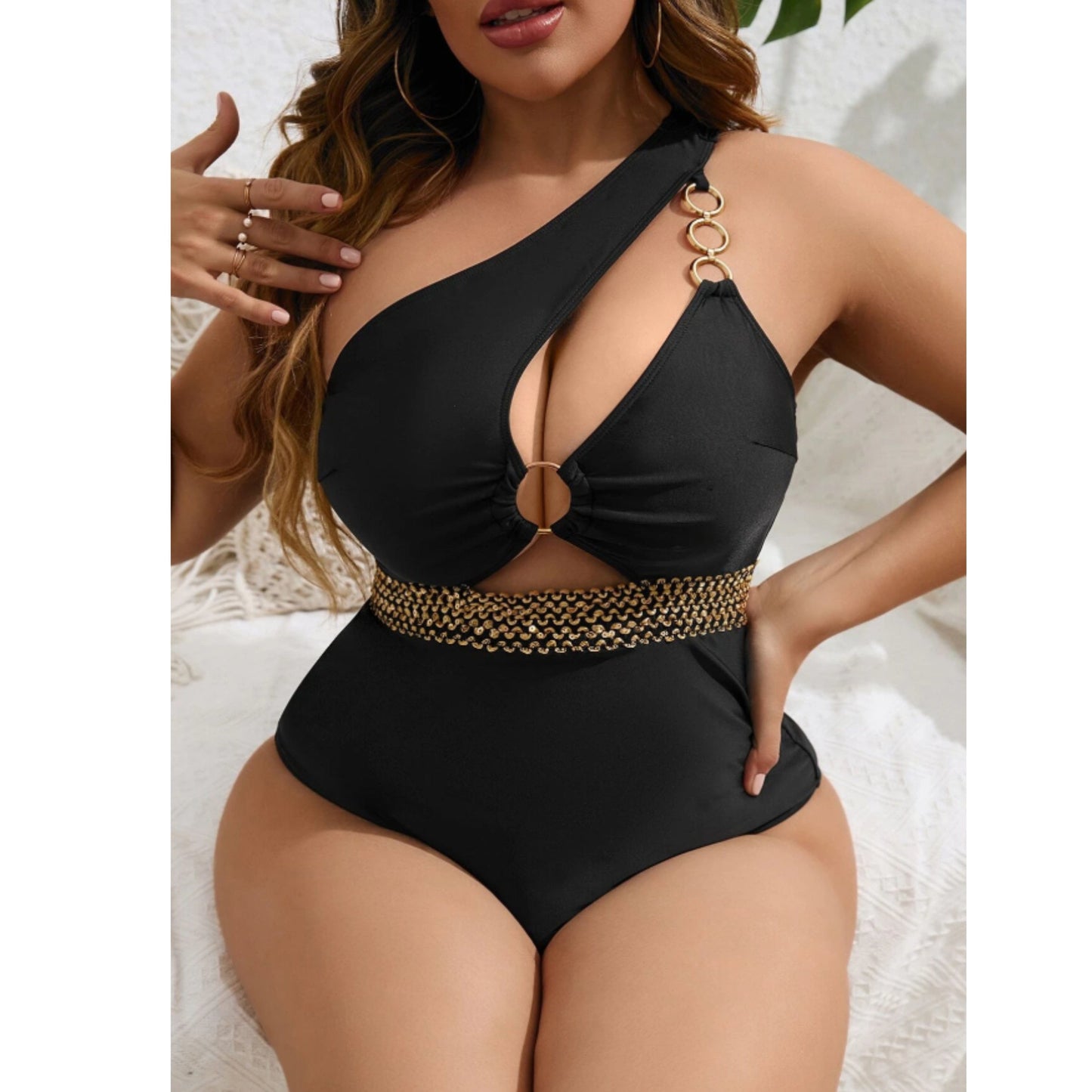 SHEIN Shein Womens Swimwear XXXXL / Black SHEIN - Ring Linked Stitch Detail Cut Out One Shoulder One Piece Swimsuit