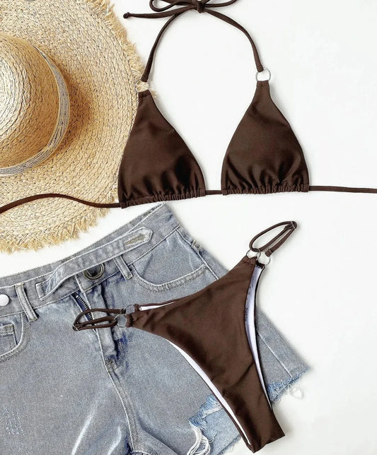 SHEIN Shein Womens Swimwear L / Brown SHEIN -  Ring Linked Triangle Bra & Thong Bikini