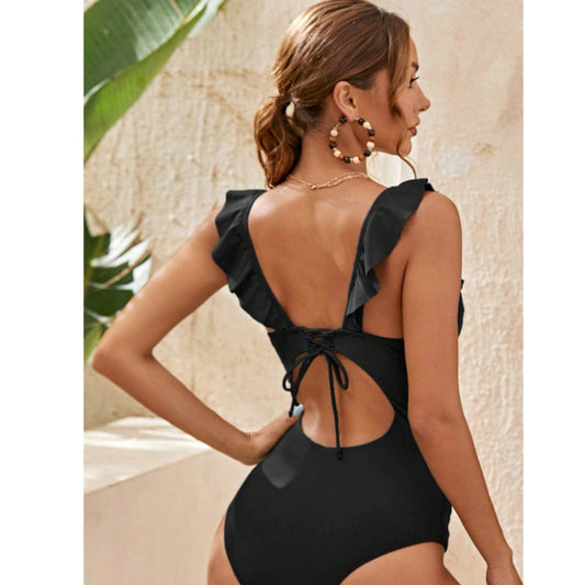 SHEIN Shein Womens Swimwear M / Black SHEIN - Ruffle design lace up one piece swimsuit