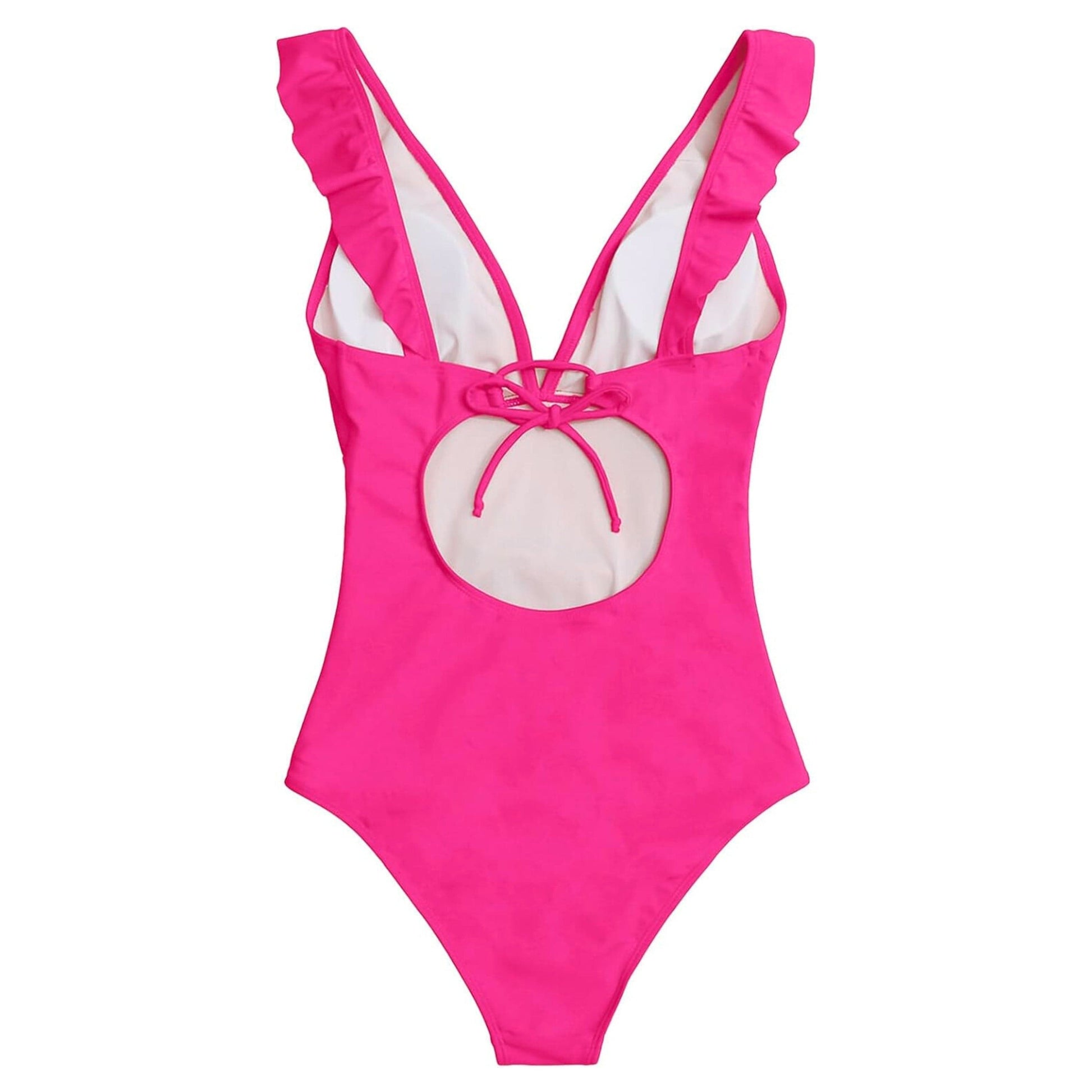 SHEIN Shein Womens Swimwear SHEIN - Ruffle Trim Cut Out Tie Back Ruched One Piece Swimsuit