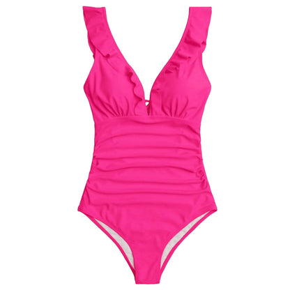 SHEIN Shein Womens Swimwear XL / Fuchsia SHEIN - Ruffle Trim Cut Out Tie Back Ruched One Piece Swimsuit
