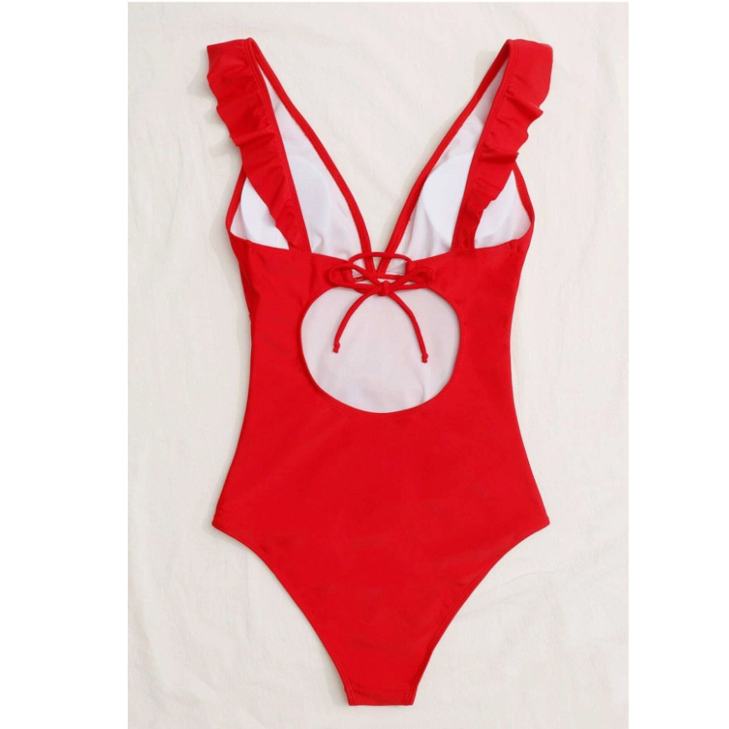 SHEIN Shein Womens Swimwear M / Red SHEIN - Ruffle Trim Cut Out Tie Back Ruched One Piece Swimsuit