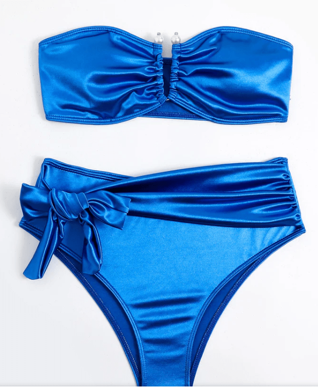 SHEIN Shein Womens Swimwear M / Blue SHEIN - Satin Off Shoulder Two Pieces Swimwear
