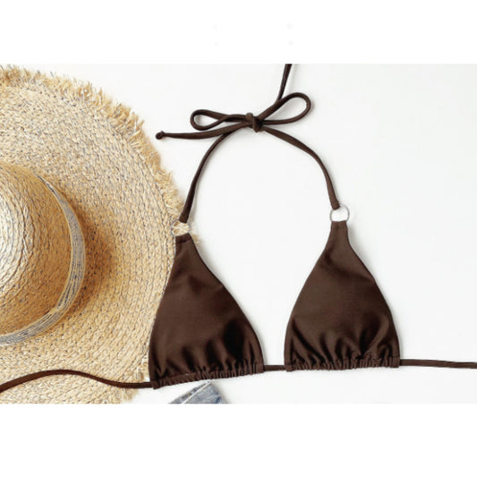 SHEIN Shein Womens Swimwear L / Brown SHEIN - Solid adjustable ring design bikini top