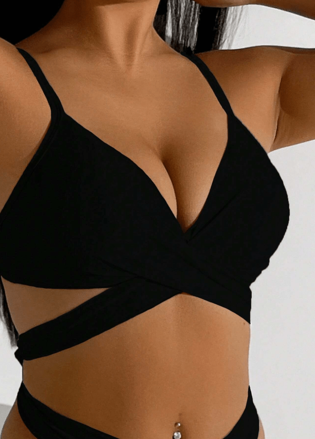 SHEIN Shein Womens Swimwear M / Black SHEIN -  Solid Color Hollow Out SplitTwo Pieces Swimwear