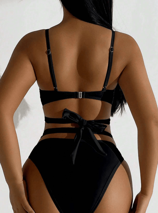 SHEIN Shein Womens Swimwear M / Black SHEIN -  Solid Color Hollow Out SplitTwo Pieces Swimwear