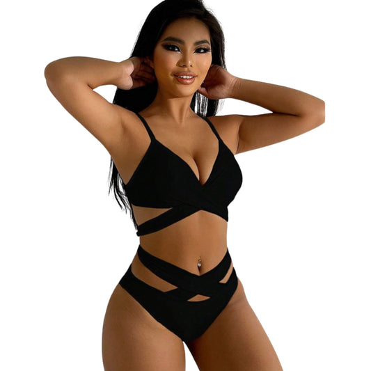 SHEIN Shein Womens Swimwear M / Black SHEIN -  Solid Color Hollow Out SplitTwo Pieces Swimwear
