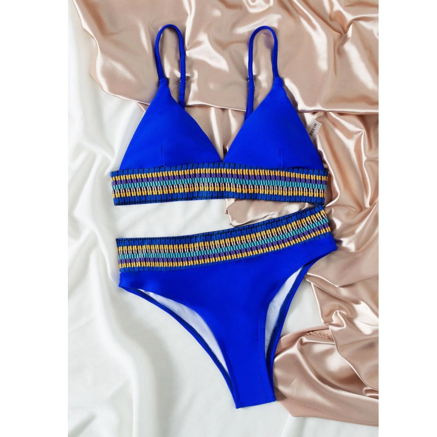 SHEIN Shein Womens Swimwear XL / Blue SHEIN - Striped Bikini Set Contrast Trim Triangle Bikini