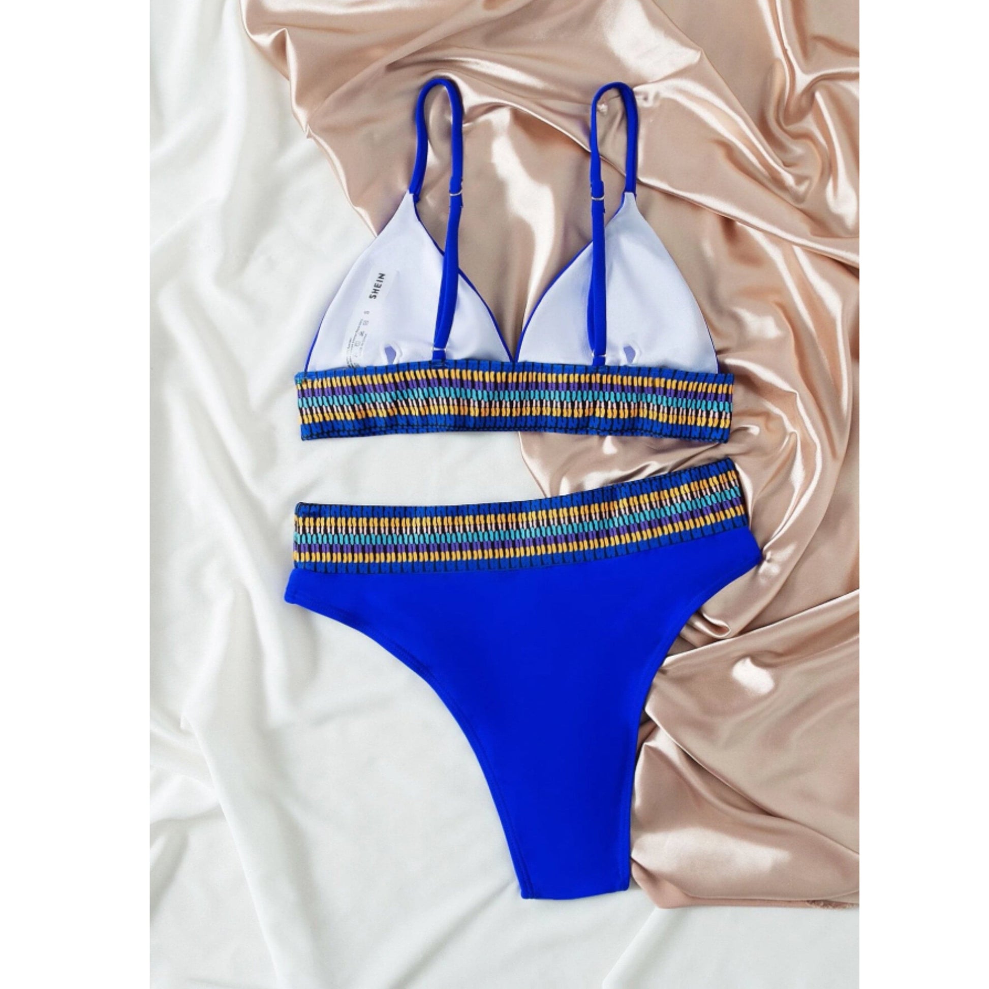 SHEIN Shein Womens Swimwear XL / Blue SHEIN - Striped Bikini Set Contrast Trim Triangle Bikini