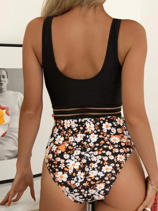 SHEIN Shein Womens Swimwear XL / Multi-Color SHEIN -  Swim Floral Print Mesh Insert One Piece Swimsuit