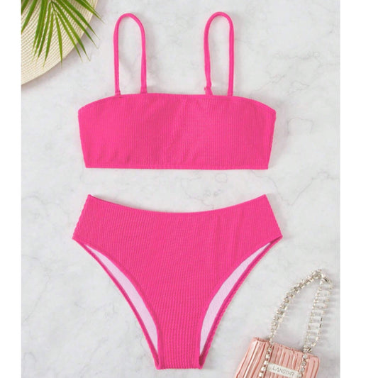 SHEIN Shein Womens Swimwear XS / Pink SHEIN -  Swim Summer Beach Plain High Waisted Bikini Set