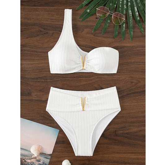 SHEIN Shein Womens Swimwear L / White SHEIN - Textured one shoulder solid bikini set