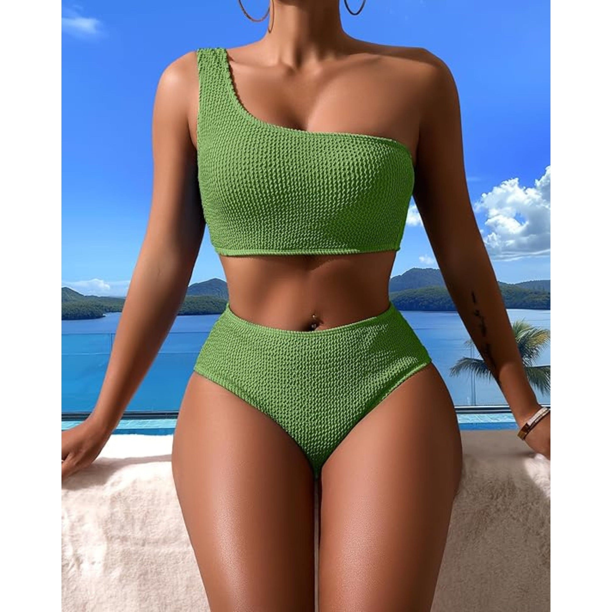 SHEIN Shein Womens Swimwear M / Green SHEIN -  Textured One Shoulder Top Cheeky Bottom Bikini