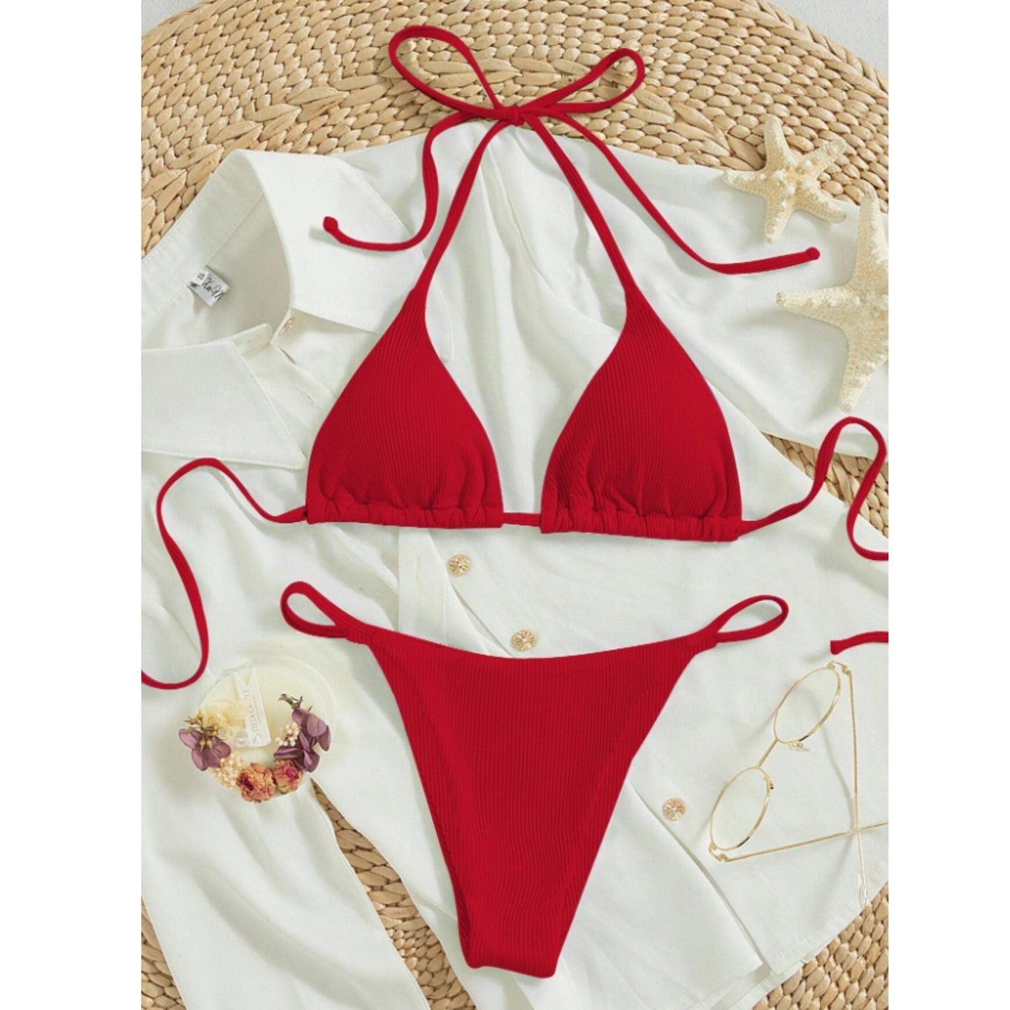 SHEIN - Ribbed Bikini Set Tie Back Halter Triangle Bra & Thong