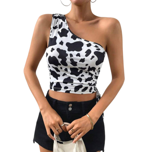 SHEIN Shein Womens Tops M / Multi-Color SHEIN - Cow Print One Shoulder Drawstring Side Crop Top