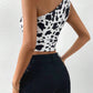 SHEIN Shein Womens Tops M / Multi-Color SHEIN - Cow Print One Shoulder Drawstring Side Crop Top