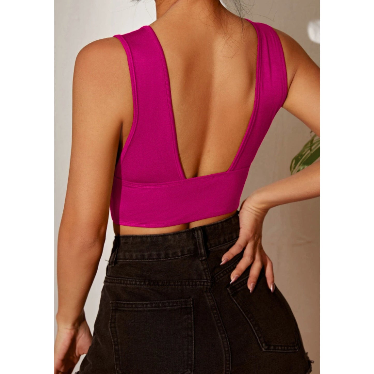 SHEIN Shein Womens Tops S / Fushsia SHEIN - Deep v-neck Solid Crop Tank Top