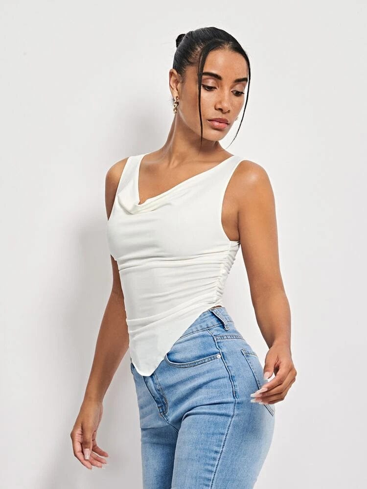 SHEIN Shein Womens Tops L / White SHEIN - Draped Collar Ruched Hanky Hem Tank Top