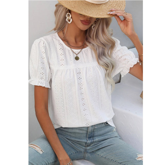 SHEIN Shein Womens Tops L / White SHEIN - Embroidery Puff Sleeve Blouse