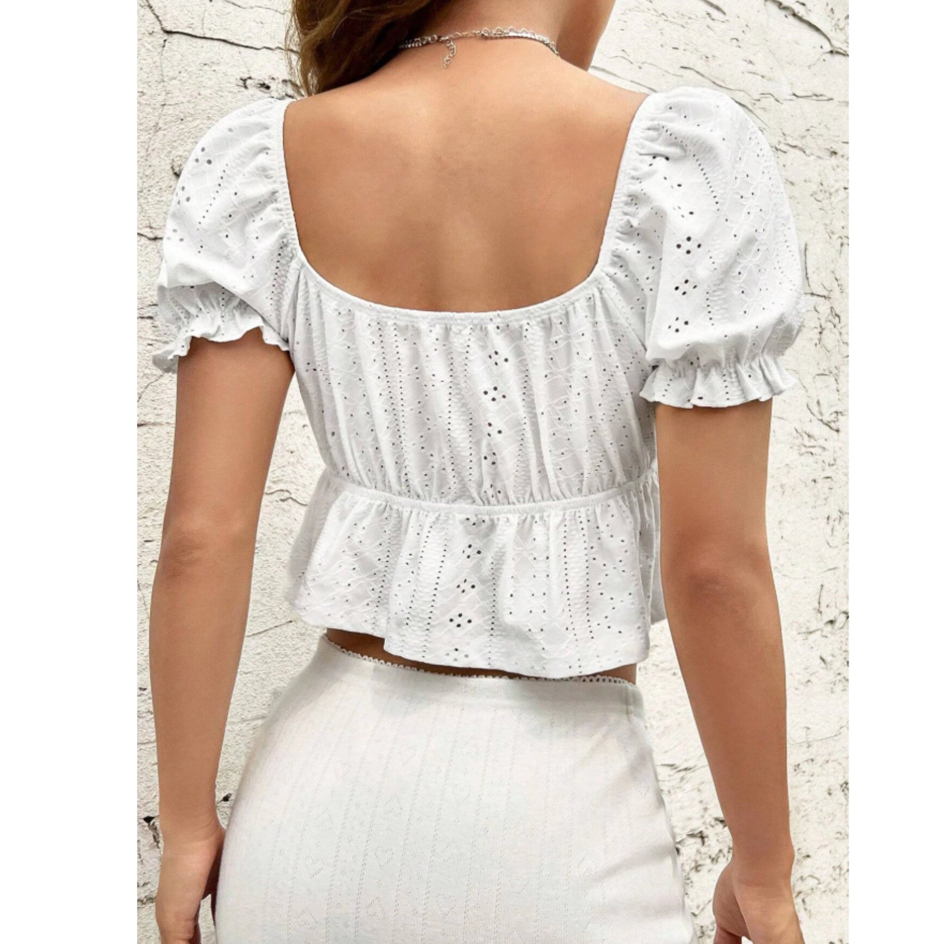 SHEIN Shein Womens Tops M / White SHEIN - Eyelet Embroidery Puff Sleeve Knot Open Front blouse