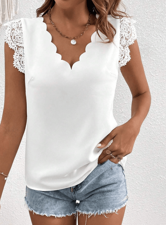 SHEIN Shein Womens Tops L / White SHEIN - Eyelet Lace Bow Trim Blouse