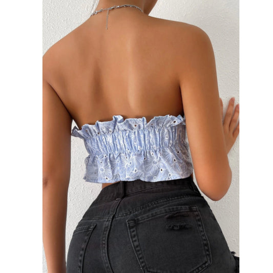 SHEIN Shein Womens Tops S / Blue SHEIN - Floral Embroidered Ruffle Backless crop top