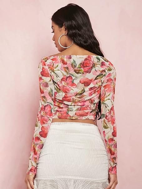 SHEIN Shein Womens Tops S / Multi-Color SHEIN - Floral Print Drawstring Side Mesh Top