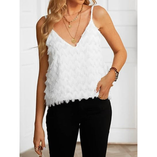 SHEIN Shein Womens Tops S / White SHEIN - Fringe Spaghetti Straps Blouse