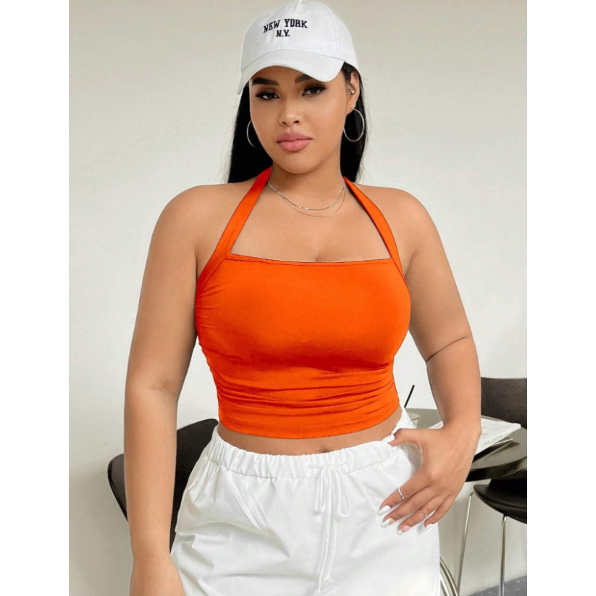 SHEIN Shein Womens Tops XS / Orange SHEIN - Halter Neck Solid Crop Top