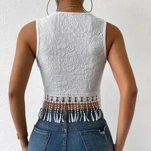 SHEIN Shein Womens Tops S / White SHEIN - Jacquard Fringe Hem Tank