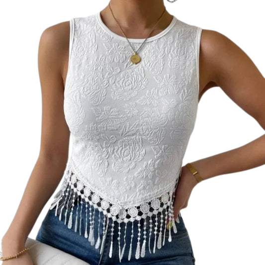 SHEIN Shein Womens Tops S / White SHEIN - Jacquard Fringe Hem Tank