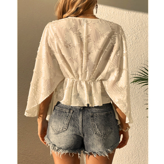SHEIN Shein Womens Tops XL / Off-White SHEIN -  Jacquard Pleated Bell Sleeve Beach Blouse