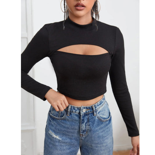 SHEIN Shein Womens Tops M / Black SHEIN - Keyhole Neck Crop Blouse