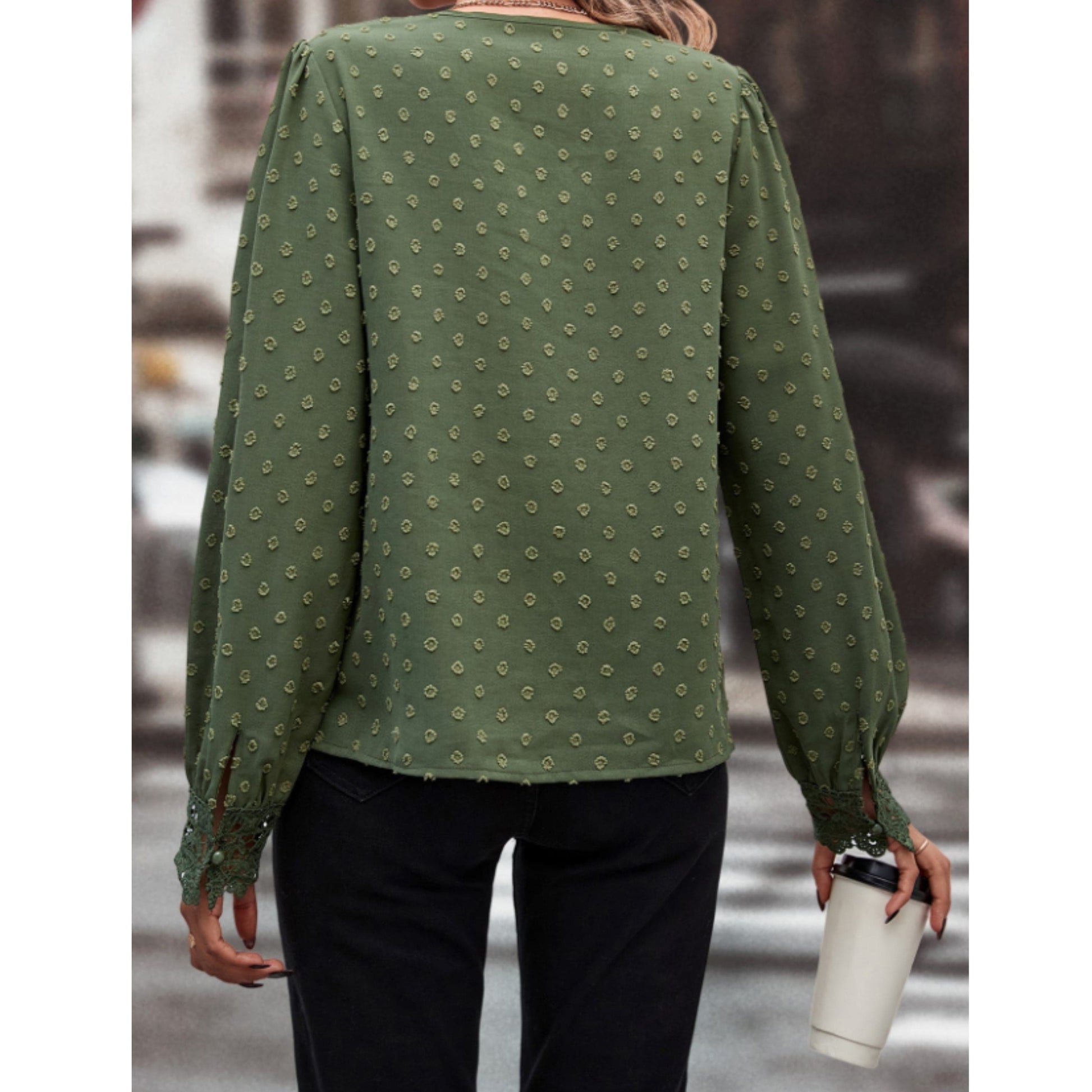 SHEIN Shein Womens Tops M / Green SHEIN - Lace Neckline Embroidered Blouse