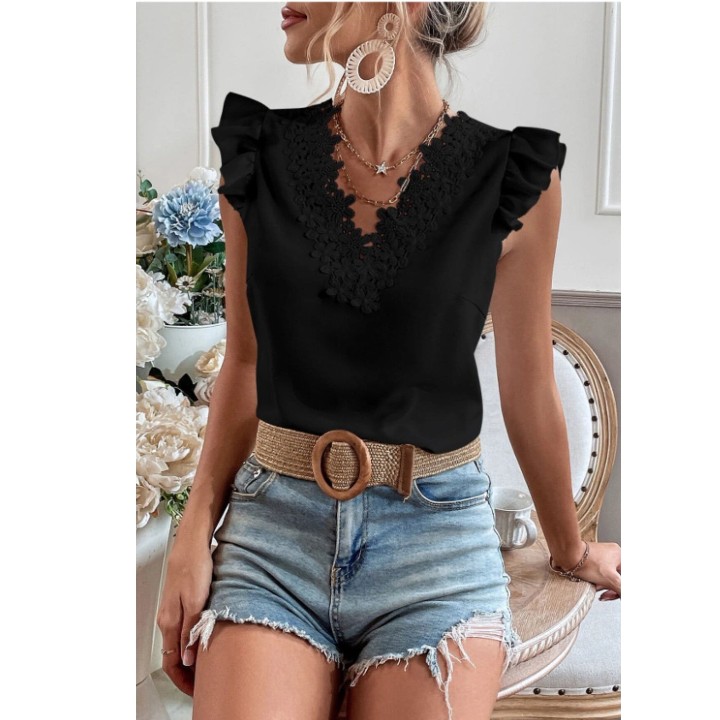 SHEIN Shein Womens Tops L / Black SHEIN - Lace Trim Cap Sleeve Blouse