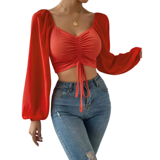 SHEIN Shein Womens Tops M / Red SHEIN -  Lantern Sleeve Crop Top with Tie-Up