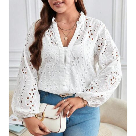 SHEIN Shein Womens Tops XXL / White SHEIN - Lantern Sleeve Embroidered Loop Blouse