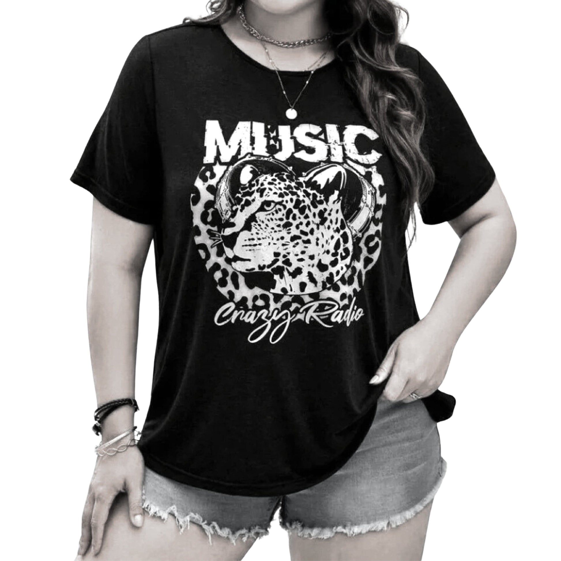 SHEIN Shein Womens Tops XL / Grey SHEIN -  Leopard Music Radio T-Shirt