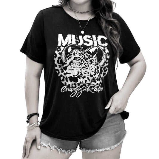SHEIN Shein Womens Tops XL / Grey SHEIN -  Leopard Music Radio T-Shirt