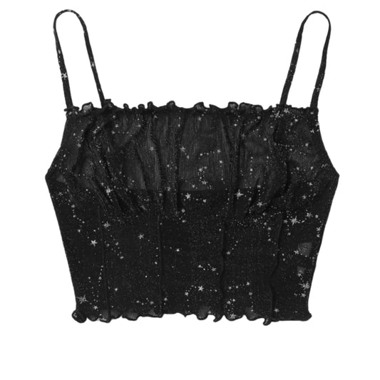 SHEIN Shein Womens Tops S / Black SHEIN - Mesh Front Frill Trim Crop Top
